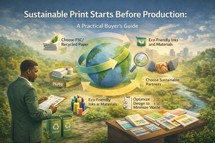 Sustainable Print Starts Before Production: A Practical Buyer’s Guide Sustainable print isn’t about measuring impact after production — it’s about the decisions made at the very start.This practical guide shows print buyers and marketers where environmental impact is really created, how early choices shape cost, waste, and effectiveness, and how to embed responsibility into briefs, formats, materials, and supplier selection from day one.